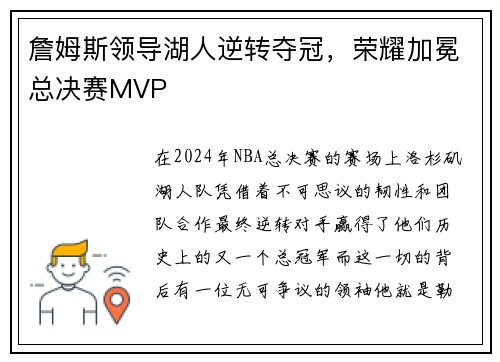 詹姆斯领导湖人逆转夺冠，荣耀加冕总决赛MVP