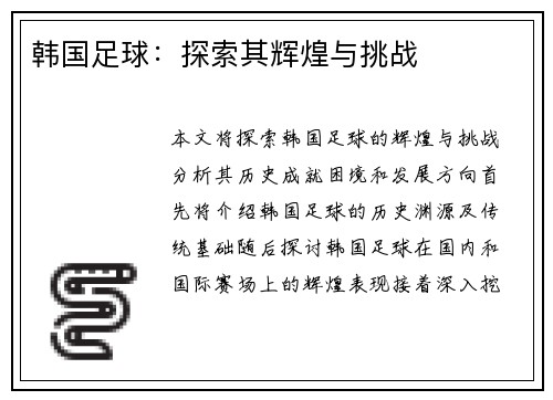 韩国足球：探索其辉煌与挑战