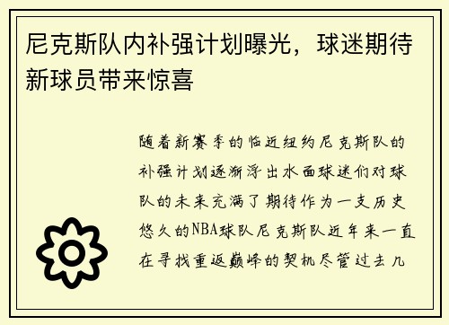 尼克斯队内补强计划曝光，球迷期待新球员带来惊喜