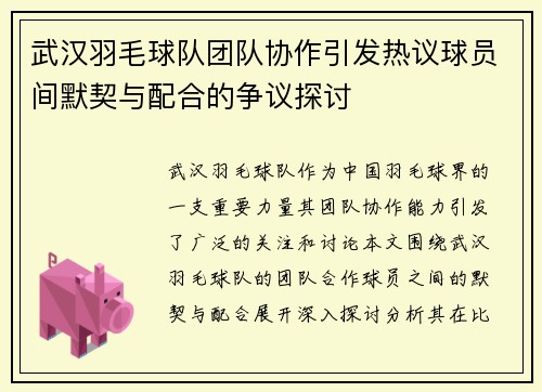 武汉羽毛球队团队协作引发热议球员间默契与配合的争议探讨